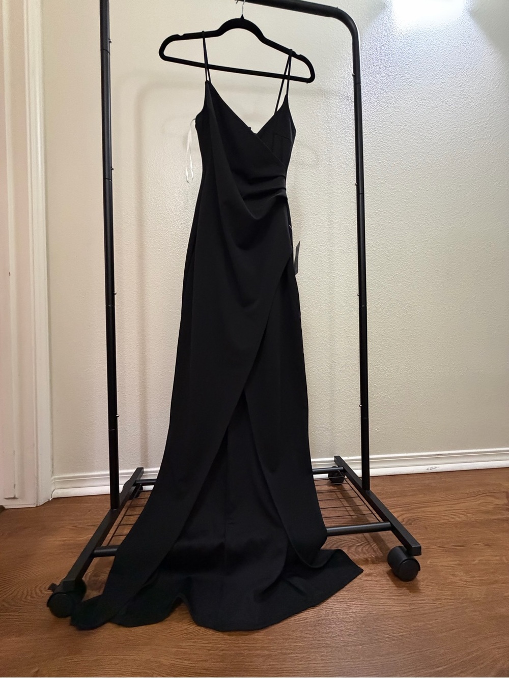 Lulu’s Elegant Black Slip Maxi Dress with Draped Front